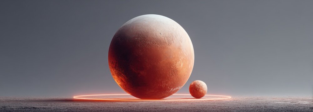 Realistic 3D representation of Mars with Phobos in a minimalist design setting