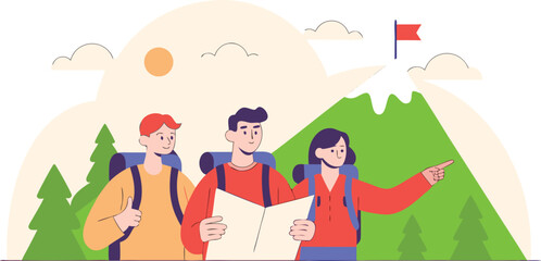 Three happy hikers navigating with map towards reaching mountain peak flag in a vector flat illustration.