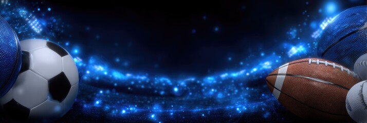 A collection of different sports balls is set against a dark background adorned with glowing blue elements
