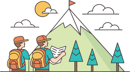 Two hikers explore a mountain landscape with a map leading to success
