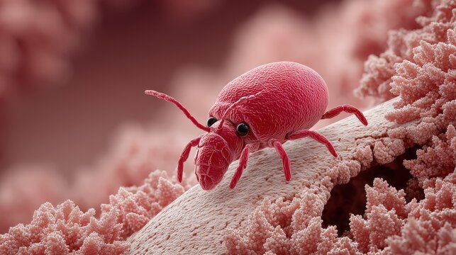 Stylized red Sarcoptes scabiei mite burrowing into pale skin causing scabies symptoms