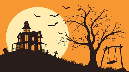 Haunted house vector with bats and swing

