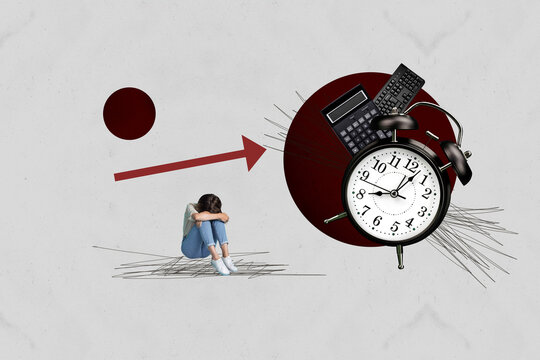 Collage of cheerful business person standing on clock symbolizing business growth timing progress visualization - Powered by Adobe