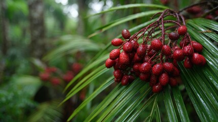 Obraz premium Glossy red seeds on Lipstick Palm with distant peat swamp forest in Malaysia