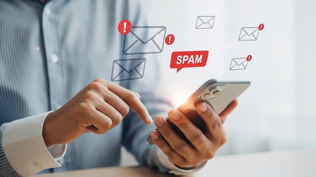 A man uses his smartphone amid digital spam icons indicating unwanted messages He taps the screen displaying red alerts signifying potential security risks
