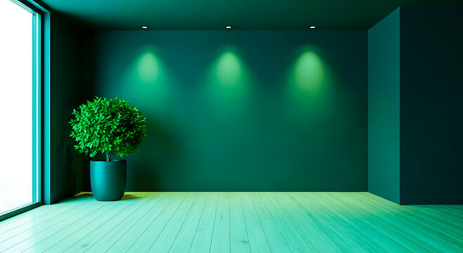 Modern minimalist interior with a large potted plant and spotlight illumination on a green wall, creating a minimalist and serene atmosphere