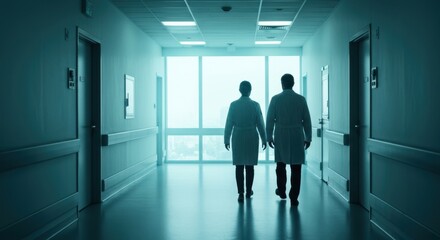 Two doctors walking down a dimly lit hospital corridor towards a bright large window at the end of the hallway