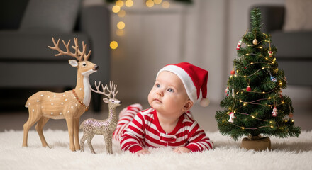Baby in santa hat lying on rug with christmas tree and reindeer decorations looking upwards innocently