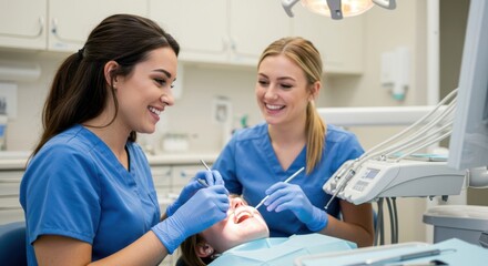 Fototapeta premium Two smiling dental professionals in blue scrubs working together on a patient in a modern dental clinic