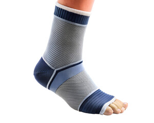Closeup of a person wearing a grey and blue patterned knit sock with an open toe, isolated on transparent background