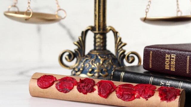 Ancient scroll with seven seals, holy bible and balance scale. Close-up. Judgment day, revelation and prophecy, Christian biblical concept. 