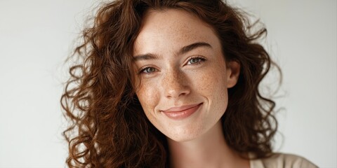 Smiling caucasian young female with curly hair and freckles looking confident