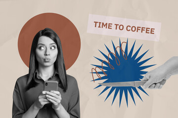 Image collage of person stand use gadget knife kill on pastel background with time to coffee phrase