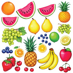 Colorful Fruit Collection – Watermelon, Pineapple, Pear, Apple, Lemon, Banana, Grapes, Berries, and Cherries Illustration