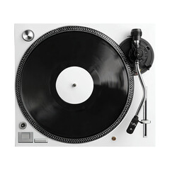 Classic Turntable: Capturing the essence of musical nostalgia, a classic turntable stands ready, its black vinyl disc gleaming under the studio lights.