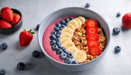 delicious berry smoothie bowl with fresh strawberries blueberries raspberries bananas and granola