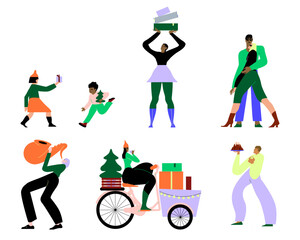 Festive Figures Carrying Gifts, Wreaths, and Trees for Christmas.	
