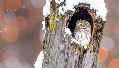 Snowy owl nesting in a hollow tree winter wonderland wildlife photography calm environment close-up perspective