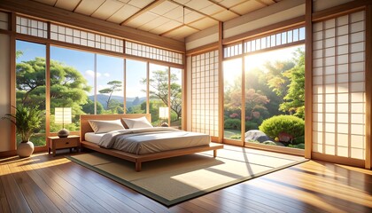 Fototapeta premium Tranquil Japanese bedroom with garden view (1)