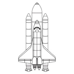 Spacecraft in lineart details a vertically arranged booster and main module for exploration