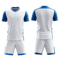 Football Kit Design: A professionally designed football kit in vibrant blue and clean white color palette, with perfect front and back views.