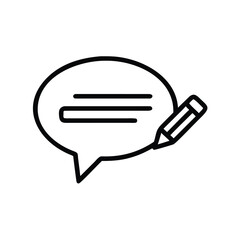 Black outline icon of a speech bubble and pencil for communication and writing