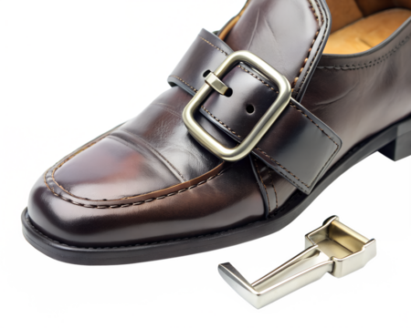 Dark brown polished leather monk strap shoe with buckle, isolated on transparent background