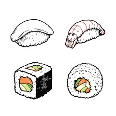 Vector Sushi Set – Nigiri with Fish and Shrimp, Maki Rolls with Avocado and Fish, Minimalist Japanese Food Illustration