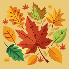 Obraz premium autumn leaves in various shapes and colors. Hand-drawn flat style.autumn leaves silhouette maple and oak foliage falling black vector illustration for seasonal design