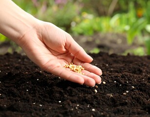 Hand scattering seeds in dark soil