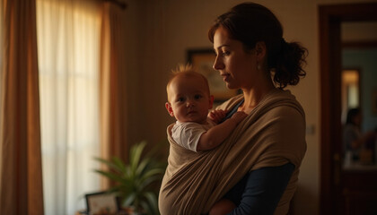 Mother holding her baby in a wrap carrier indoors with soft lighting  