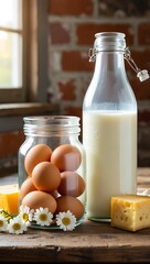 Fresh Farm Eggs Milk and Cheese on a Wooden Table
