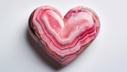 pink rhodochrosite mineral displaying heart shaped form revealing layered geological patterns against white background
