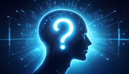 silhouette of head with glowing question mark inside dark blue background representing uncertainty mystery or questioning ideal for concepts related to inquiry or problem solving
