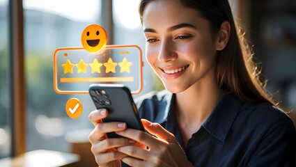 Customer review satisfaction feedback survey concept. Customer pressing smile face and five star on mobile phone for customer review. Customer satisfaction survey, service experience rating