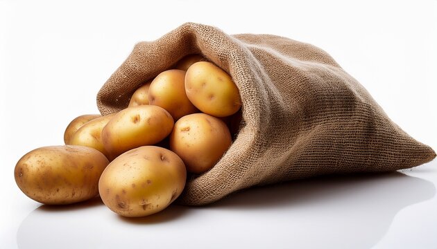 burlap sack overflowing with fresh potatoes isolated on clean white background rustic jute textile contrasts with earthy tubers image perfect for illustrating agriculture cooking ingredients