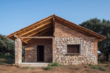 Modern rustic cabin with wooden roof and stone walls in open landscape on sunny day showcasing architectural harmony with nature