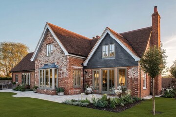 Beautiful modern countryside house with a brick facade and large windows in a serene garden setting during the evening light