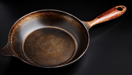well used frying pan showing age and patina on black background