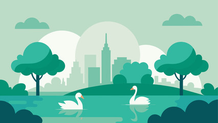 Cityscape with swans on a lake