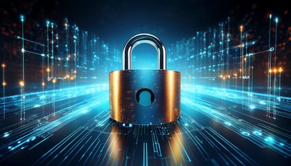 a shimmering metallic padlock on a dark background with streams of glowing digital data symbolizing robust cybersecurity