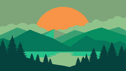 Stylized mountain landscape with sun and lake