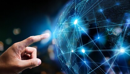 hand interacts with digital network interface showcasing connections data exchange and online interaction symbolizing modern communication and networking