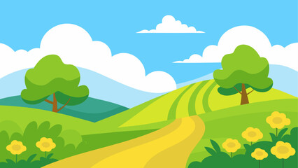 Naklejka premium Sunny landscape with rolling hills and yellow path