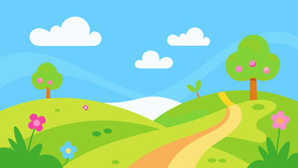 Fototapeta premium Cartoon landscape with rolling hills and blue sky