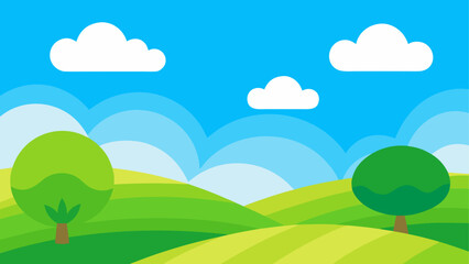Obraz premium Stylized rolling hills and trees under blue sky