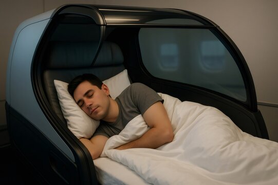 Passenger sleeping comfortably in a modern pod bed inside an airplane cabin, enjoying privacy and rest during a long flight