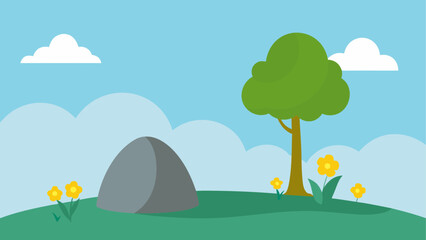 Fototapeta premium Simple cartoon landscape with tree rock and flowers