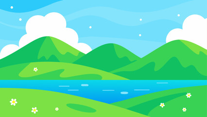 Fototapeta premium Vibrant green hills and blue water landscape