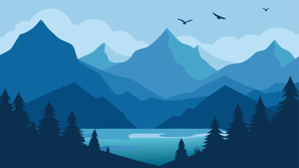 Serene blue mountain landscape with lake and birds